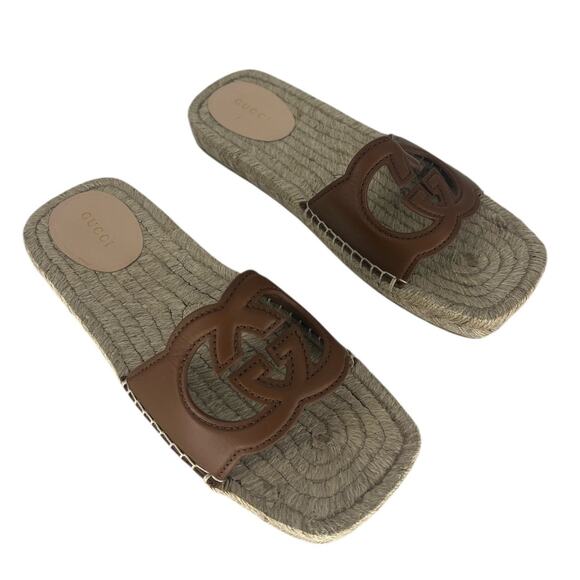 Gucci Carlos Interlocking GG Cut Out Slide Espadrille Sandals in Brown - Picture 3 of 16